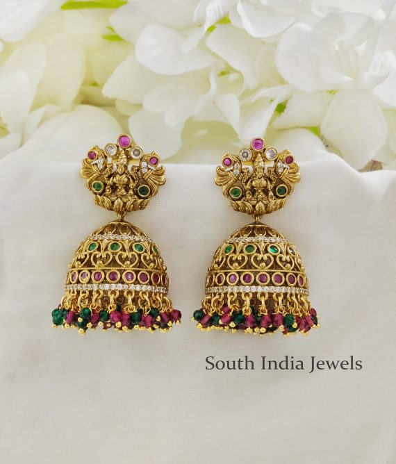 Stunning Antique Lakshmi Temple Jhumka Earrings with Red and Green Beads