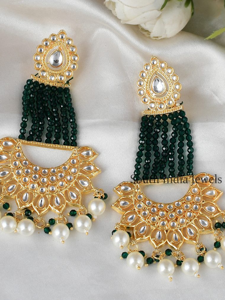 Stunning Green Glossy Stones Jhoomar Style Chandbali Earrings