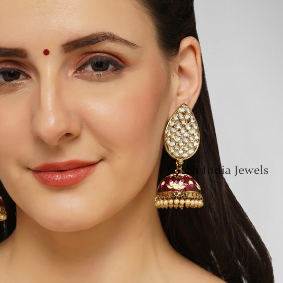 Stunning Teardrop Shaped Kundan with Red Pink toned Meenakari Brass Jhumka Earrings