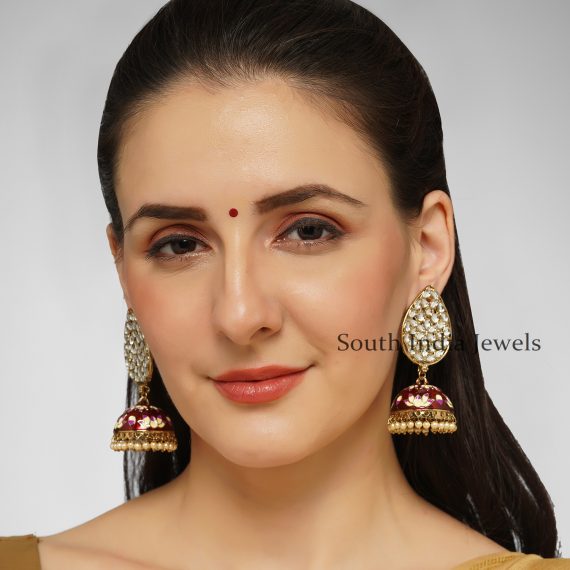 Stunning Teardrop Shaped Kundan with Red Pink toned Meenakari Brass Jhumka Earrings