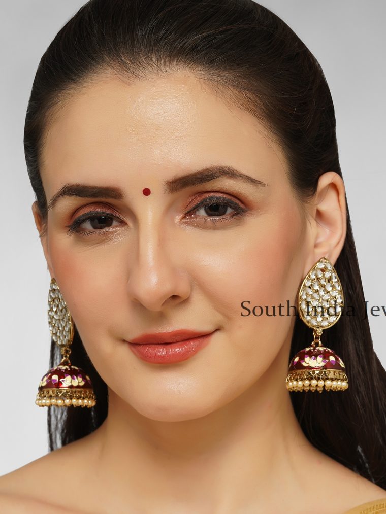 Stunning Teardrop Shaped Kundan with Red Pink toned Meenakari Brass Jhumka Earrings