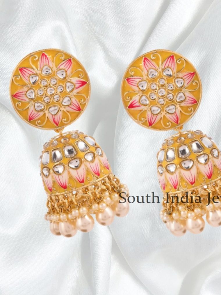 Stunning Yellow Meenakari and Kundan Jhumka Earrings