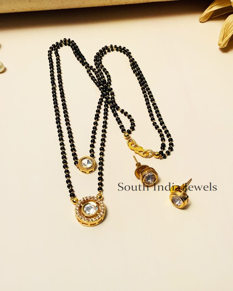 Traditional Black Beaded & Kundan Polki Diamond Mangalsutra With Earrings