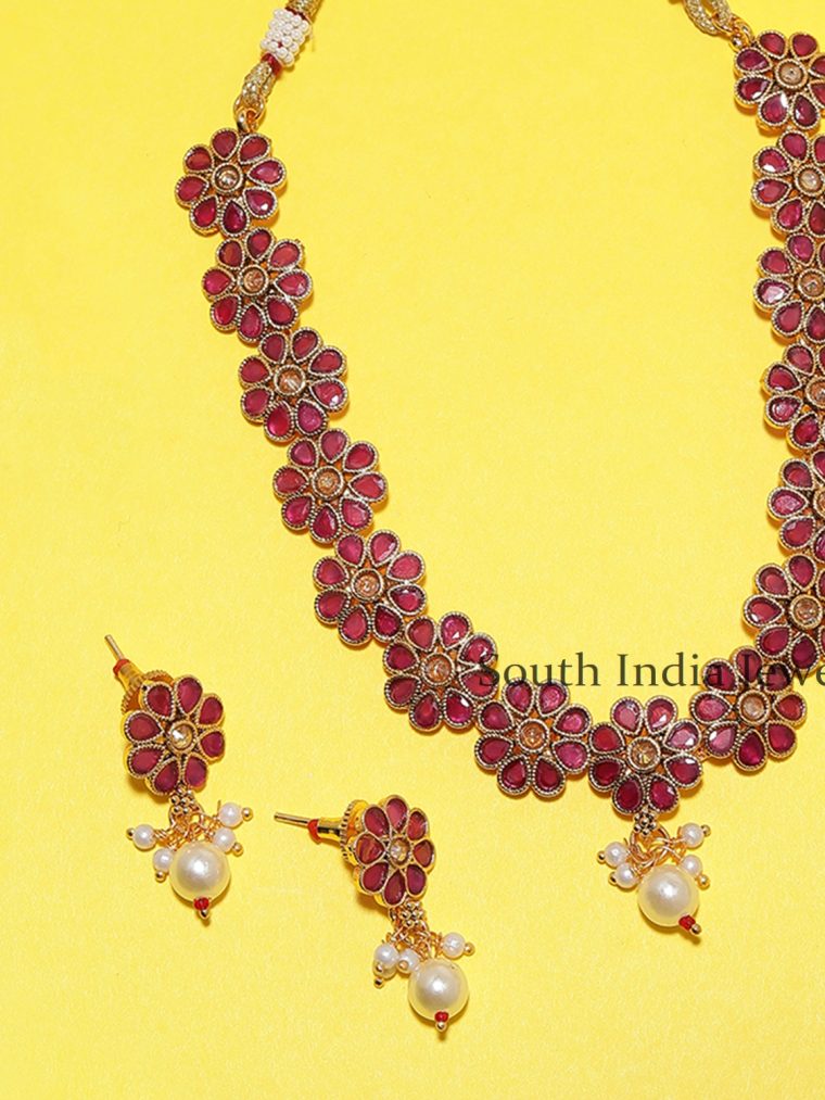 Trendy Ruby Studded Floral Copper Necklace set with Pearls drops