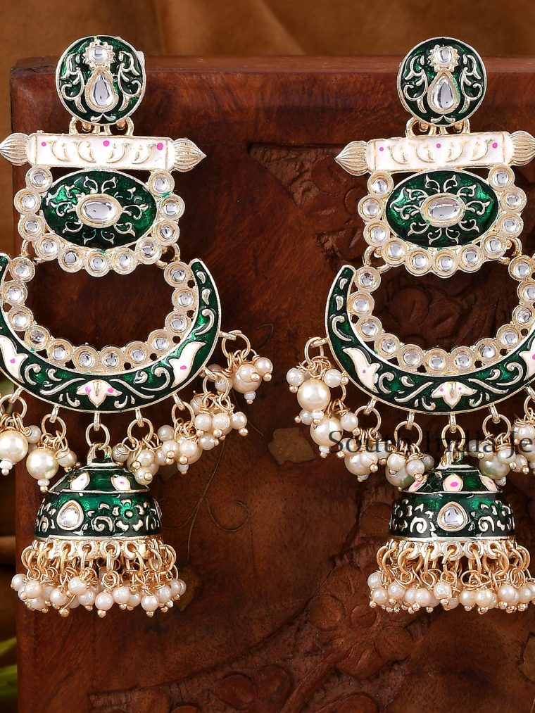 Wonderful Green Meenakari and Pearl Jhumka Earrings