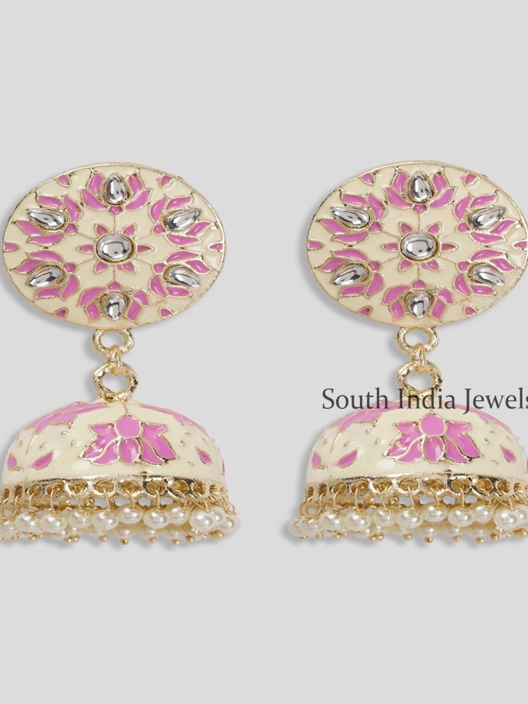 Wonderful OffWhite and Pink Meenakari Work & Pearls Copper Small Jhumka Earrings