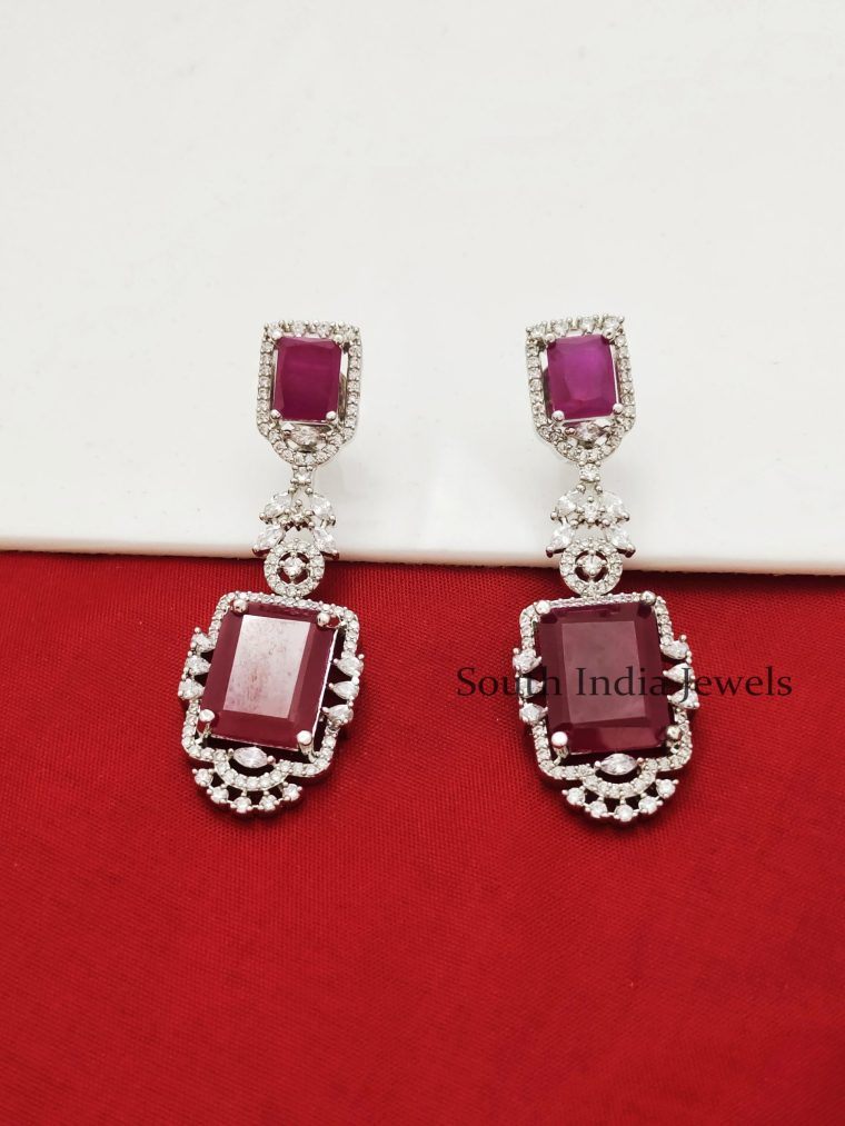 Amazing Rhodium Red Stone Designer Cubic Zirconia Drop Dangler Earrings