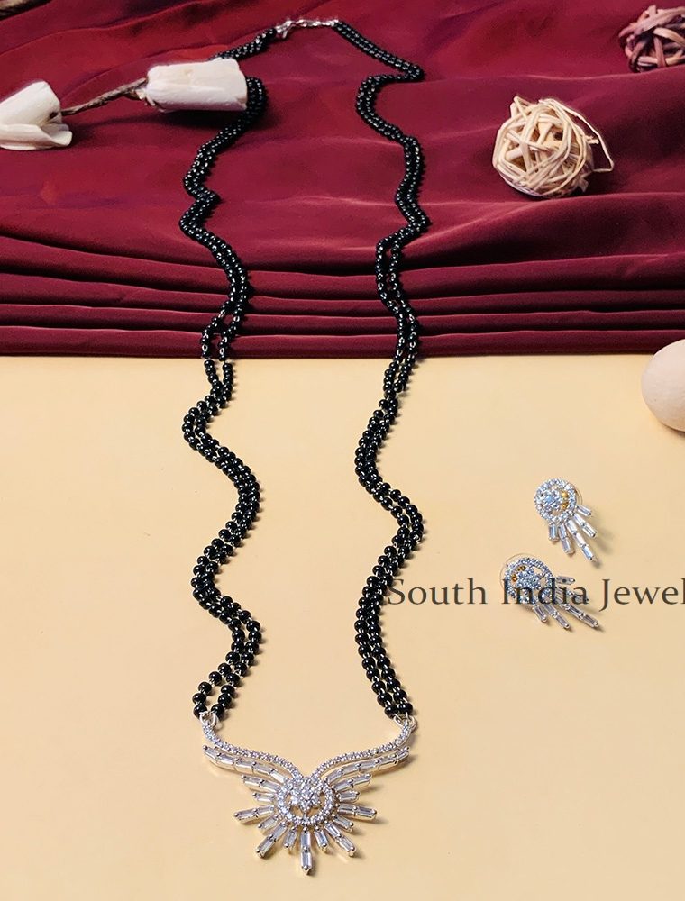 Amazing Silver Plated Black Beaded & American Diamond Long Mangalsutra & With Pair of Earrings