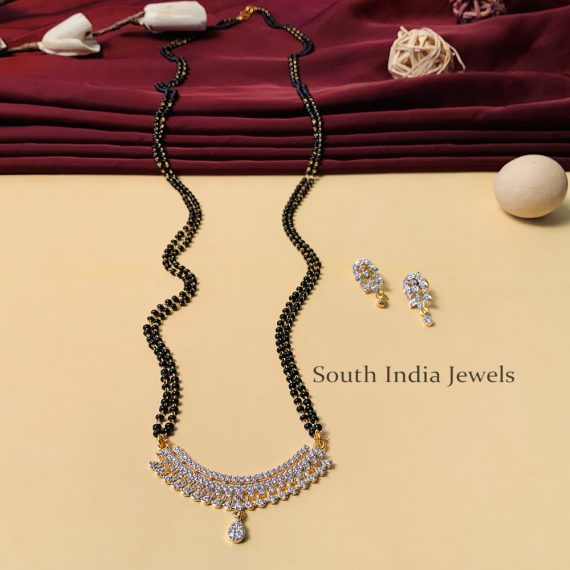 Beautiful Black Beaded & American Diamond Long Mangalsutra & With Pair of Earrings