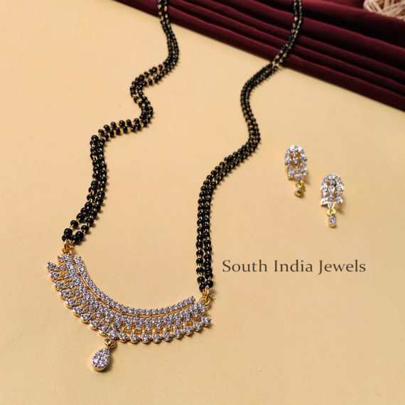 Beautiful Black Beaded & American Diamond Long Mangalsutra & With Pair of Earrings