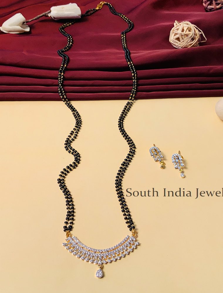 Beautiful Black Beaded & American Diamond Long Mangalsutra & With Pair of Earrings