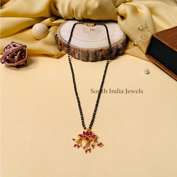 Charming Gold Plated Ahmedabadi Jadau Pachi Polki Kundan Lotus Mangalsutra