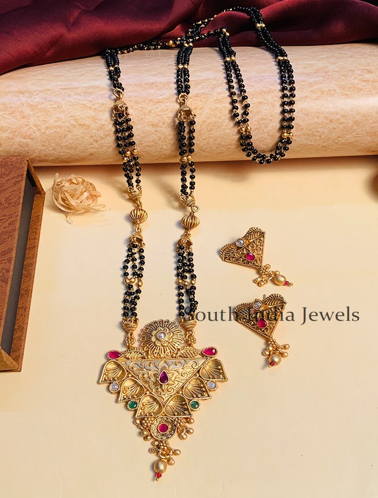 Fantastic Black Beaded & Antique Long South Indian Mangalsutra & With Pair of Earrings