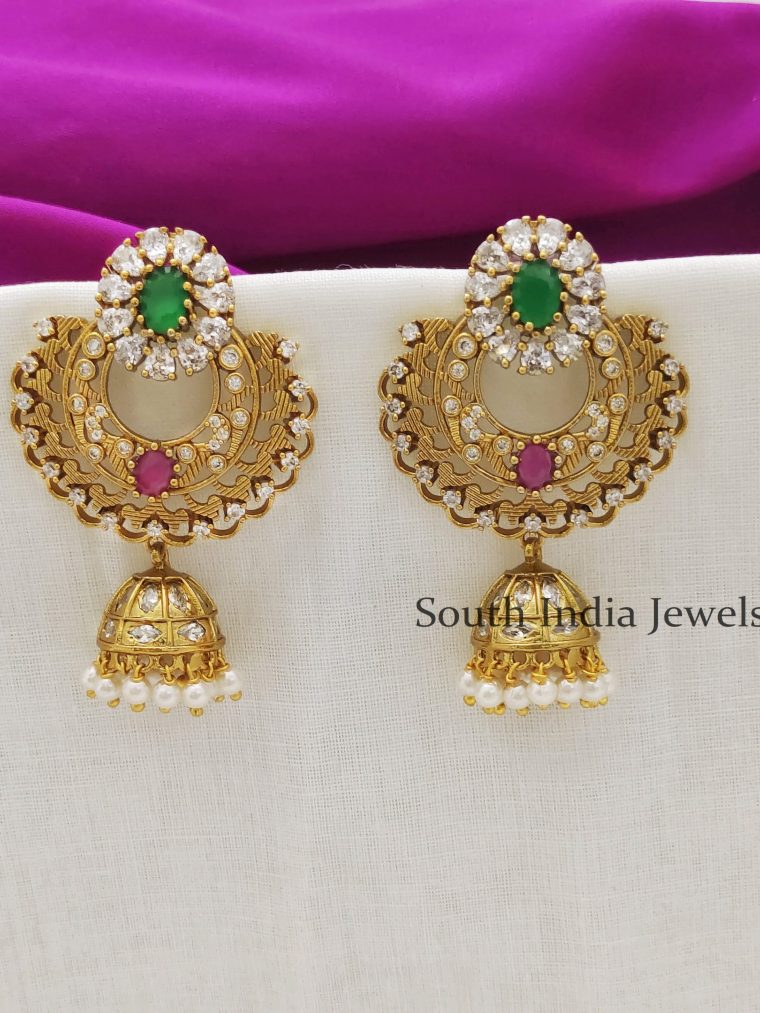 Matte Finish Gold Layer Jhumka Earrings with CZ Pearls