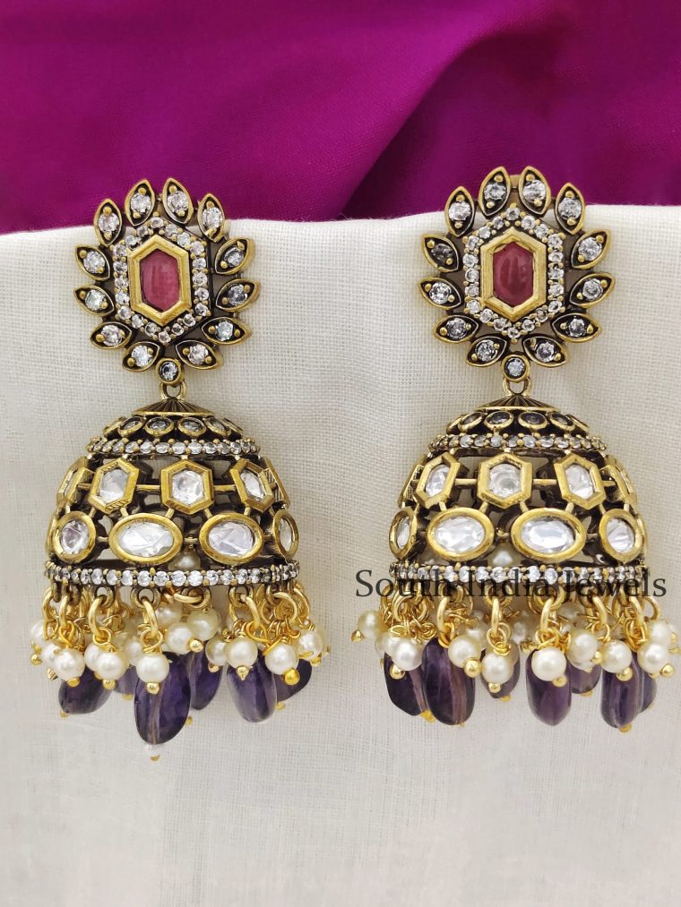 Fantastic Moissonite Purple Monalisa Beads Victorian Polish Jhumka Earrings