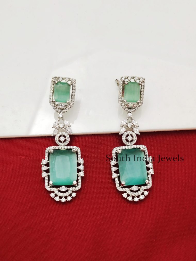 Gorgeous Rhodium Light Mint Green Stone Designer Cubic Zirconia Drop Dangler Earrings