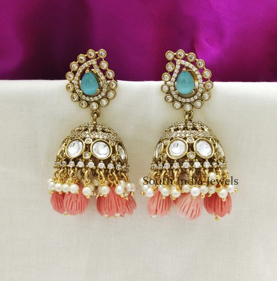 Stunning Moissonite Tulip Beads Mehndi Finish Mint Stone Jhumka Earrings