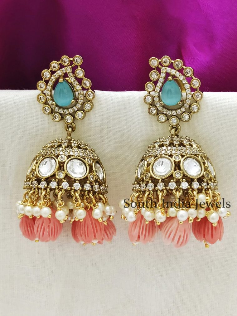 Stunning Moissonite Tulip Beads Mehndi Finish Mint Stone Jhumka Earrings