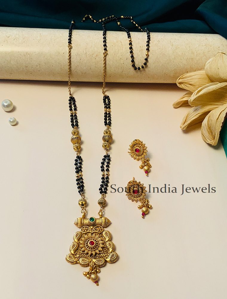 Trendy Black Beaded & Antique Long South Indian Mangalsutra & With Pair of Earrings