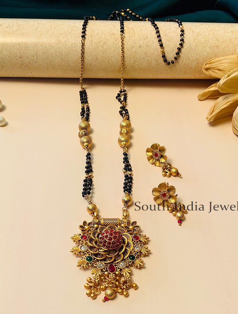 Wonderful Black Beaded & Antique Long South Indian Mangalsutra & With Pair of Earrings