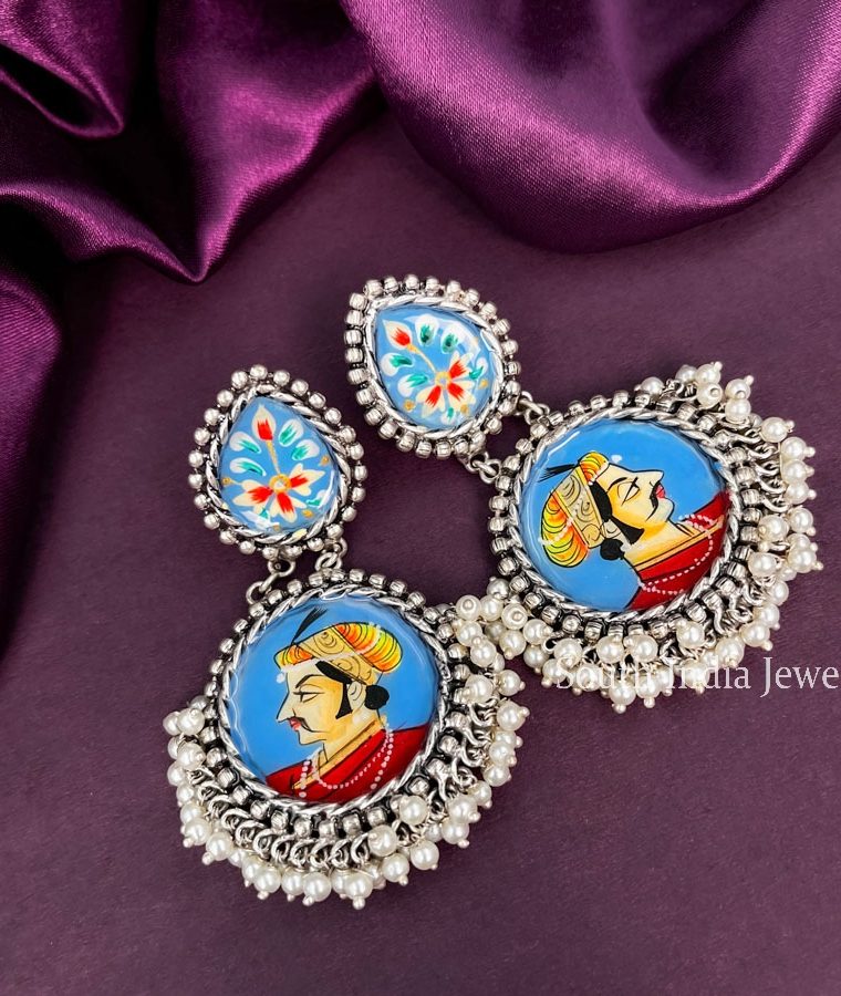 Cute Meenakari Kind Handmade Blue Oxidised Earrings