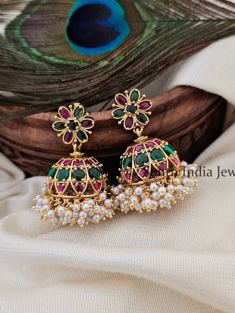 Ethnic Kemp Green Floral Jhumkas