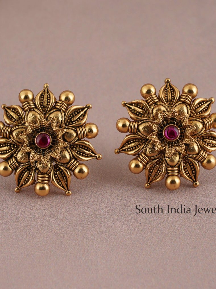 Gorgeous Antique Floral Ruby Stone Studs