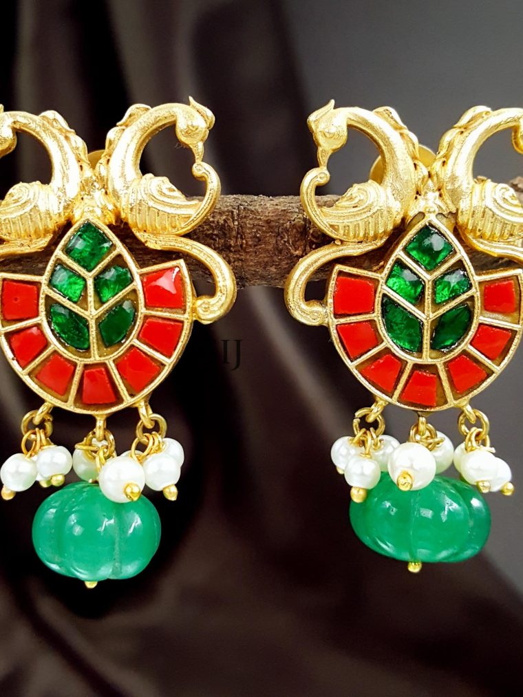 Wonderful Kundan Jadau Coral Green Stone Peacock Earrings