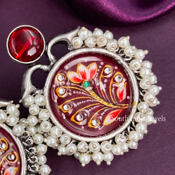 Wonderful Meenakari Maroon Stone Handmade Oxidised Earrings