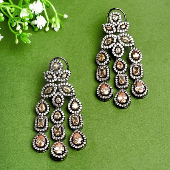 Orange Zircon Studded Chandelier AD Dangle Earrings