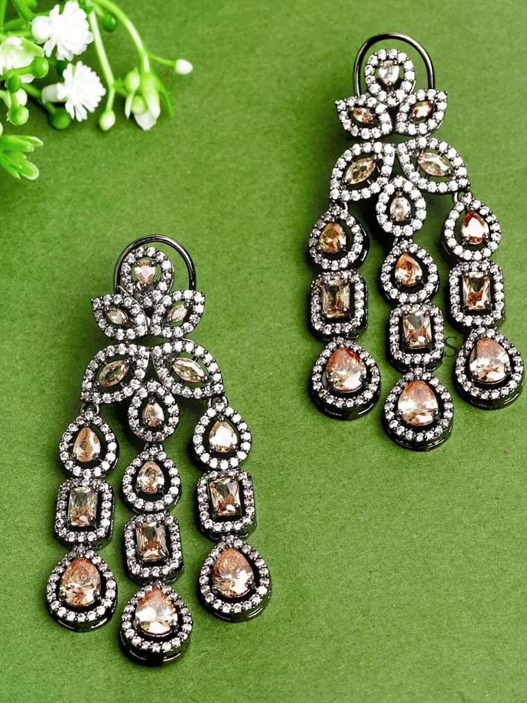 Orange Zircon Studded Chandelier AD Dangle Earrings