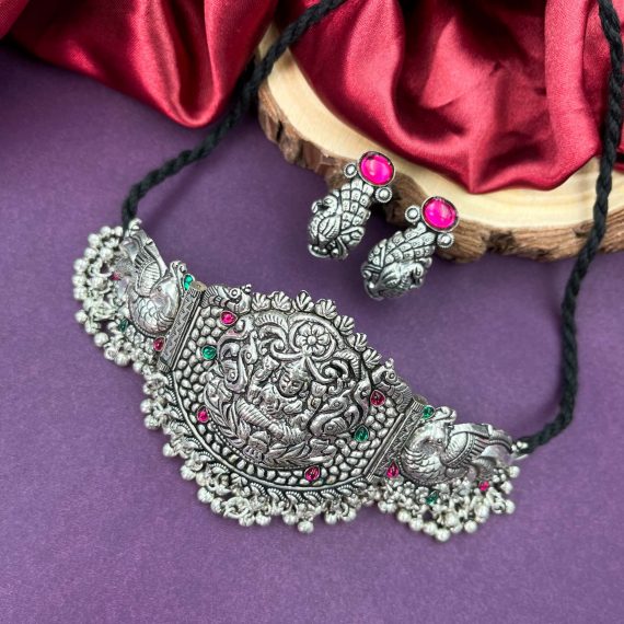 Amazing Peacock Lakshmi German Silver Choker Set