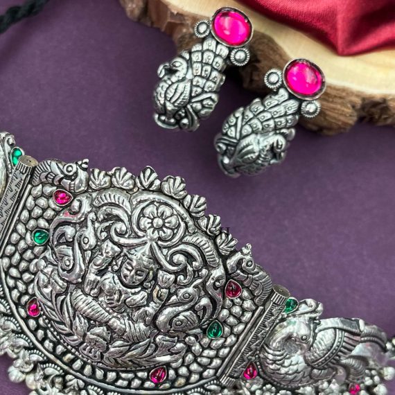 Amazing Peacock Lakshmi German Silver Choker Set