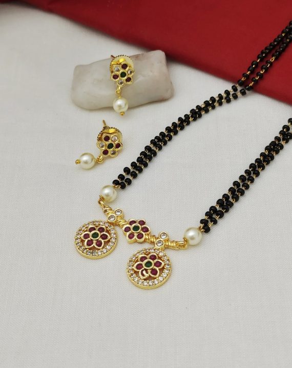 Gold Toned Kemp CZ Black Beads Mangalsutra