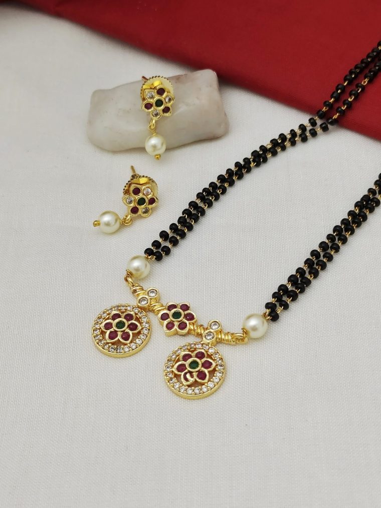 Gold Toned Kemp CZ Black Beads Mangalsutra