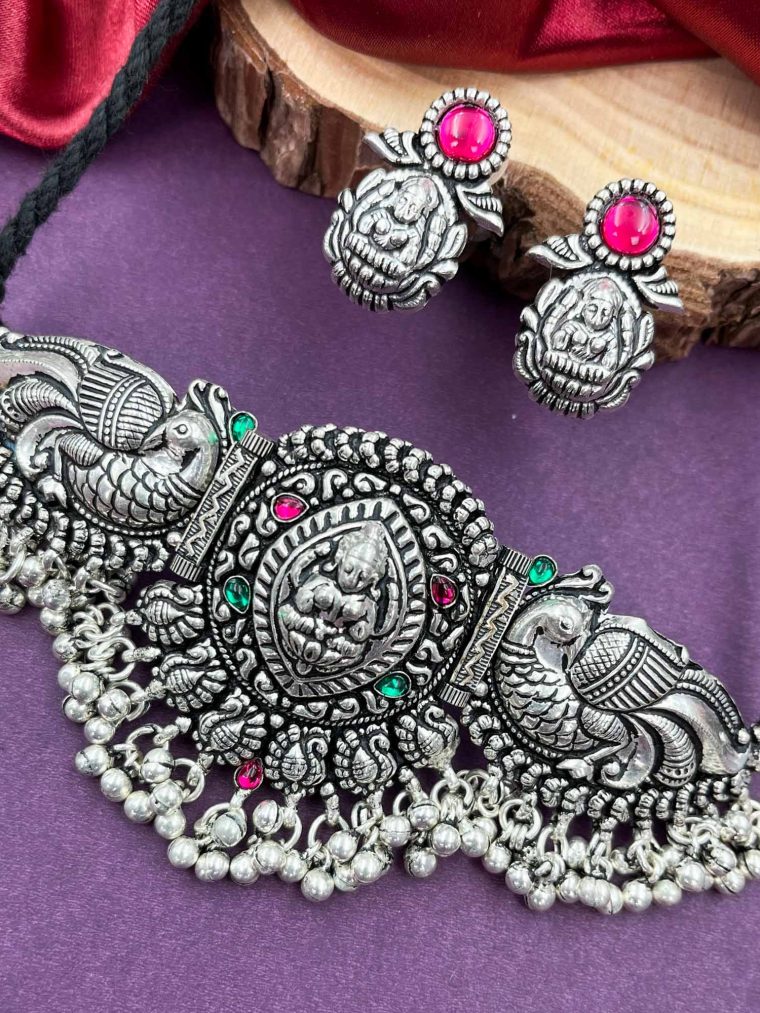 Gorgeous Peacock Lakshmi German Silver Choker Set