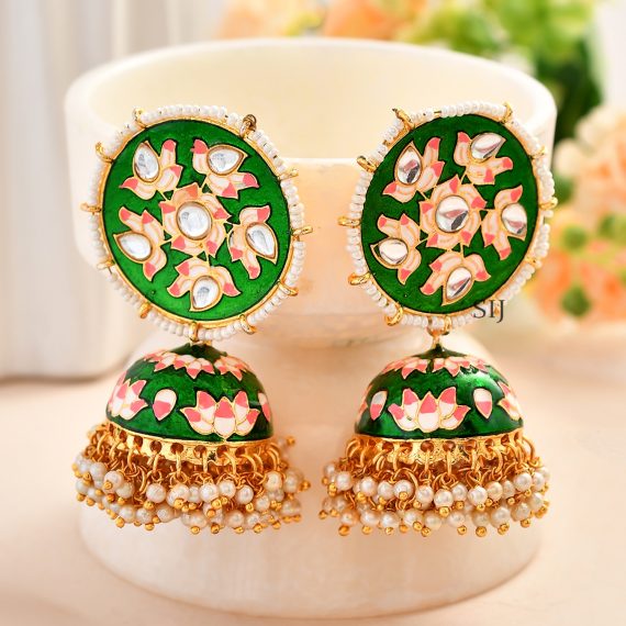 Green Pink Meenakari Chandbali Earrings