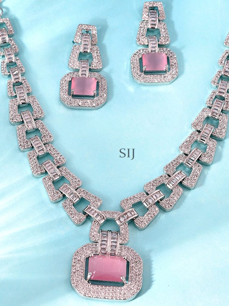 Pink And White AD Stones Silver Plated Necklace Set