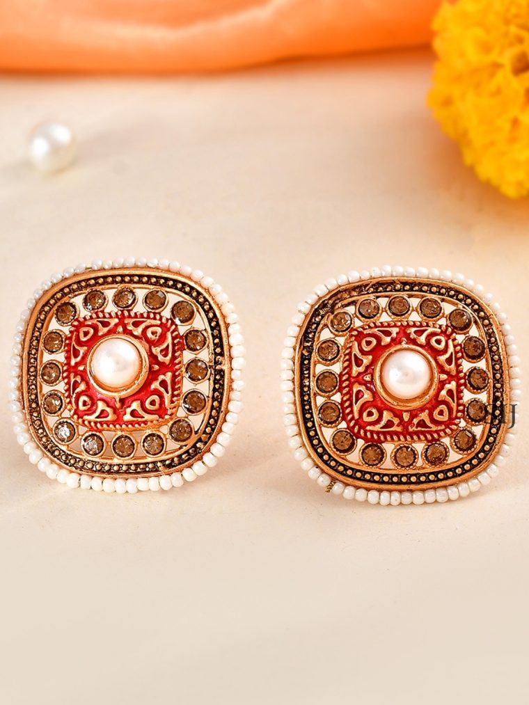 White Beaded Square Meenakari Red Studs Earrings