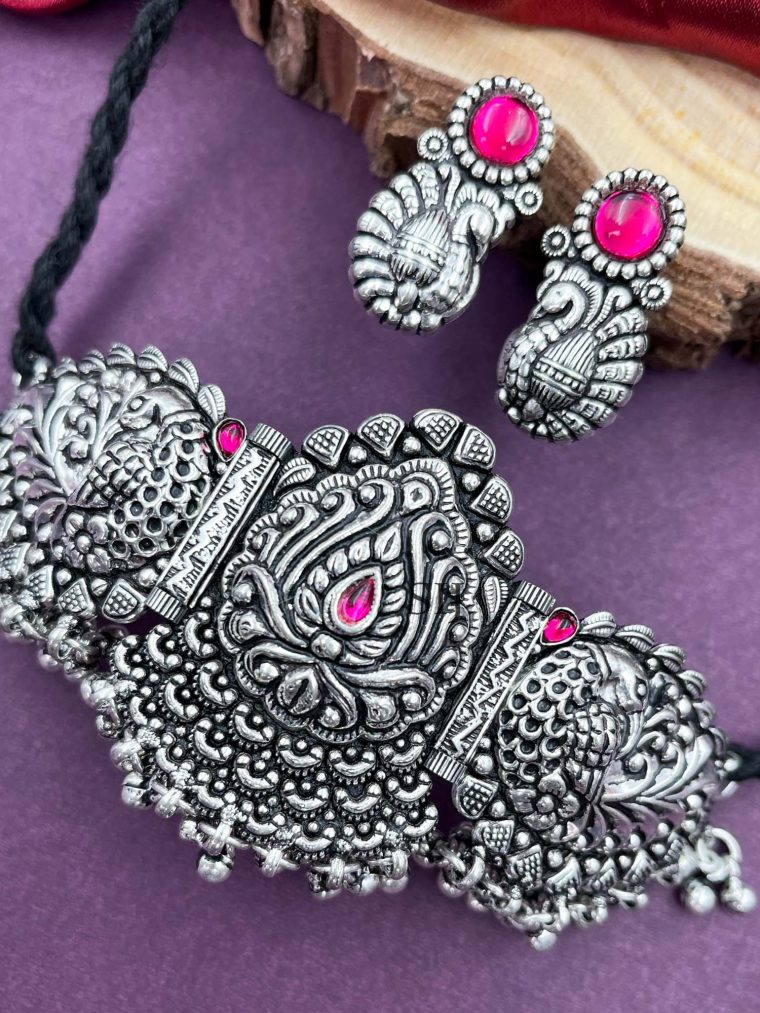 Wonderful Peacock Temple German Silver Choker Set