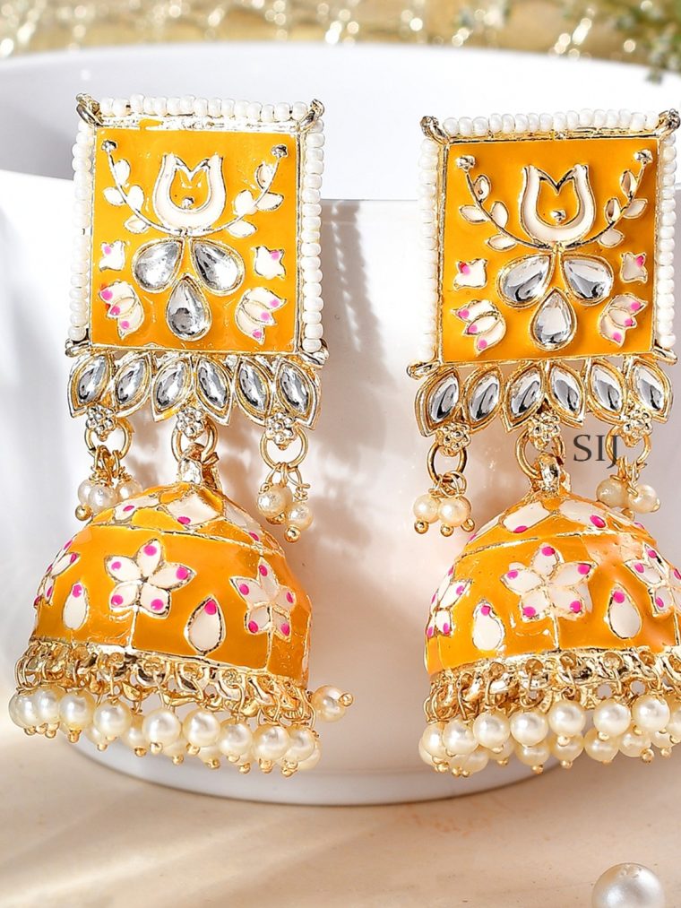 Yellow Meenakari Jhumkas