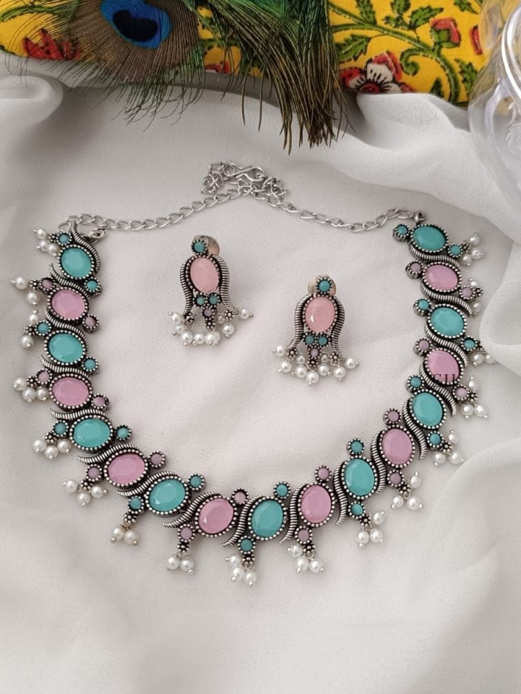 Beautiful Pink Blue German Silver Necklace