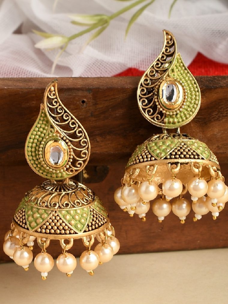 Cute Meenakari Green Earrings with Jhumkas-1