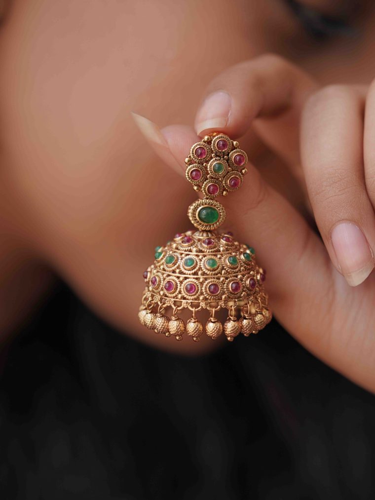 Cute Pink and Green Kemp Stones Bridal Jhumkas-1