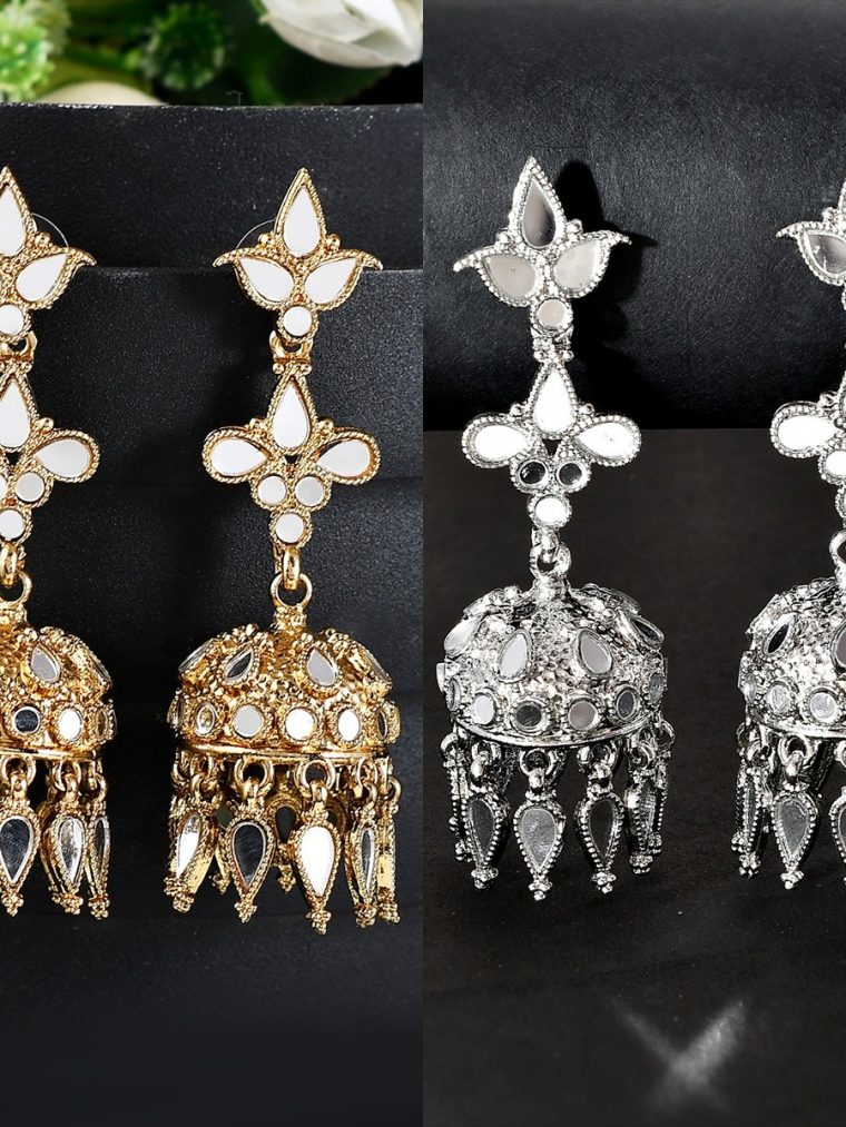 Mirror Studded Drop Earrings with Small Jhumkas