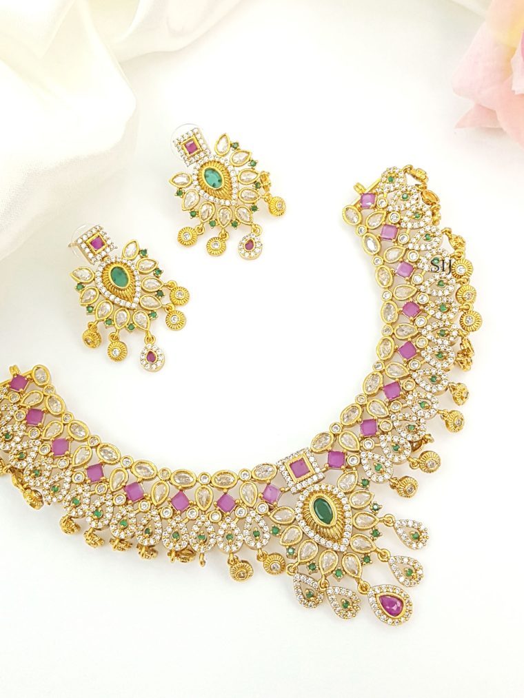 Stylish Drop Design Pink & Green Stone Gold Plated Necklace Set