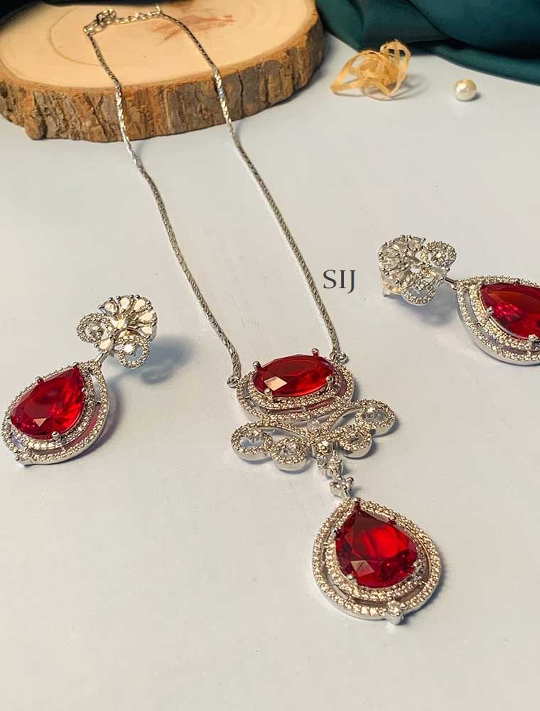 Modern Silver Plated Cz Red Stone Pendant Chain