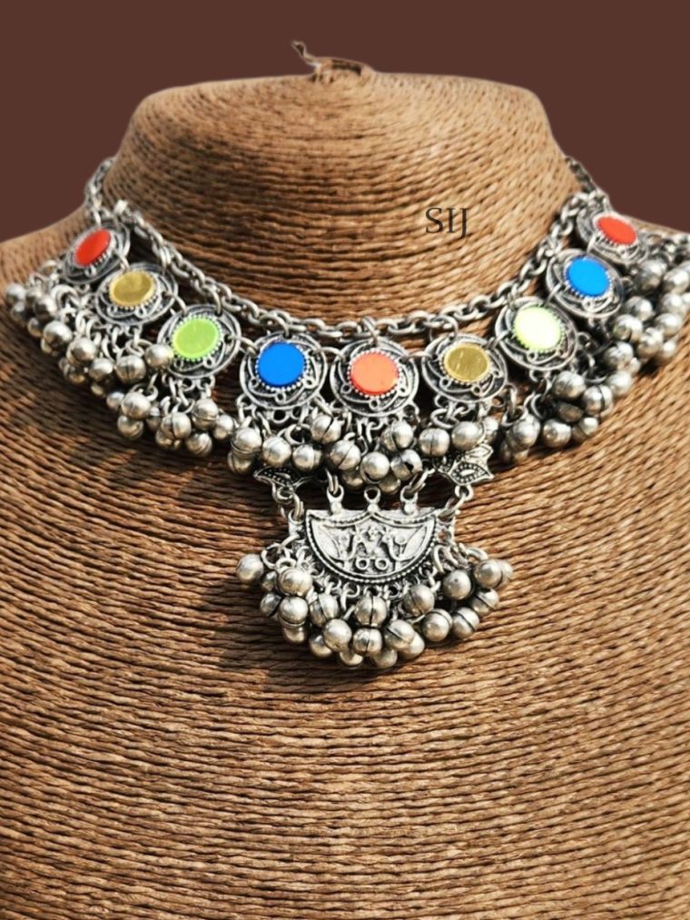 Pretty German Silver Multicolour Mirror Choker