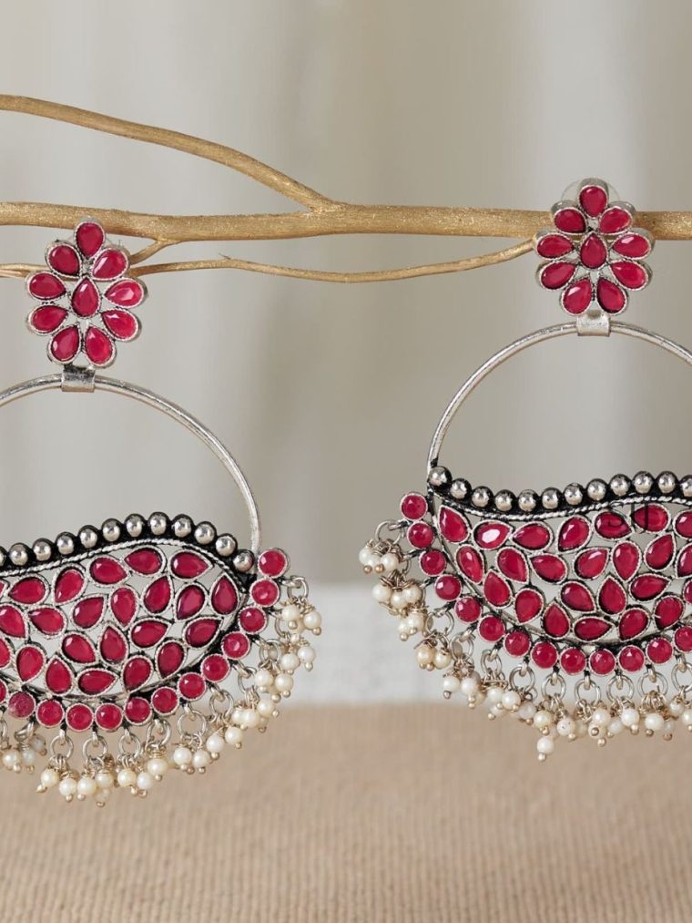 Traditional German Silver Pink Chandbali Earrings