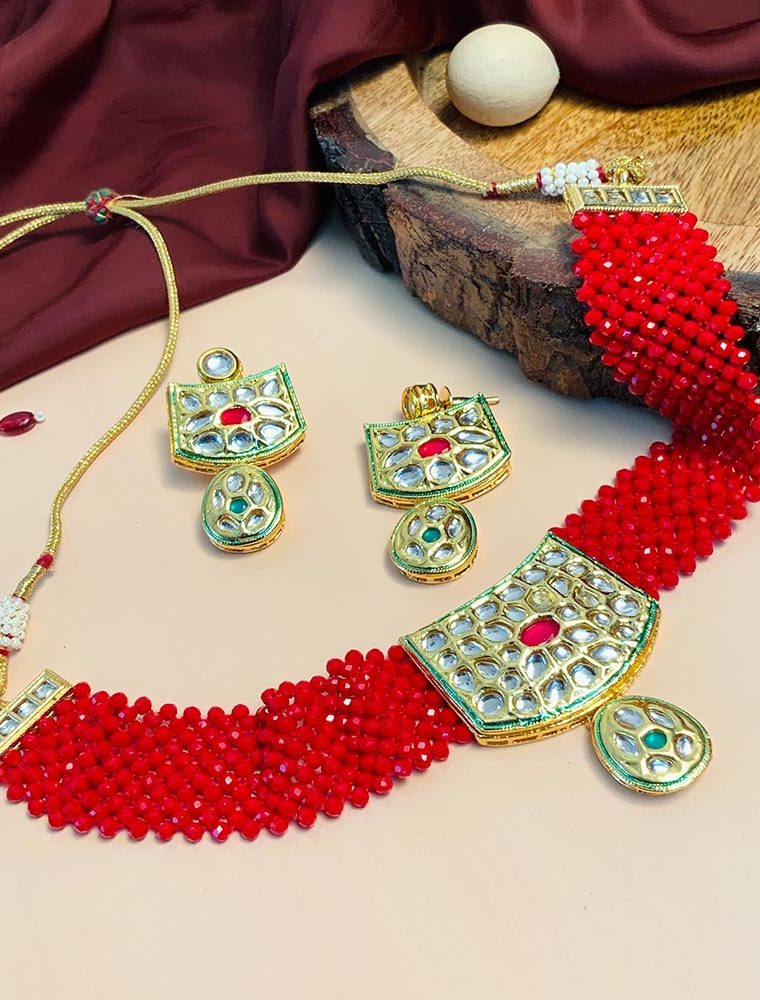 Unique Multi Layers Red Beads Choker with Kundan Pendant